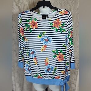 Rsfaella Blue Ehite Striped Blouse NWOT